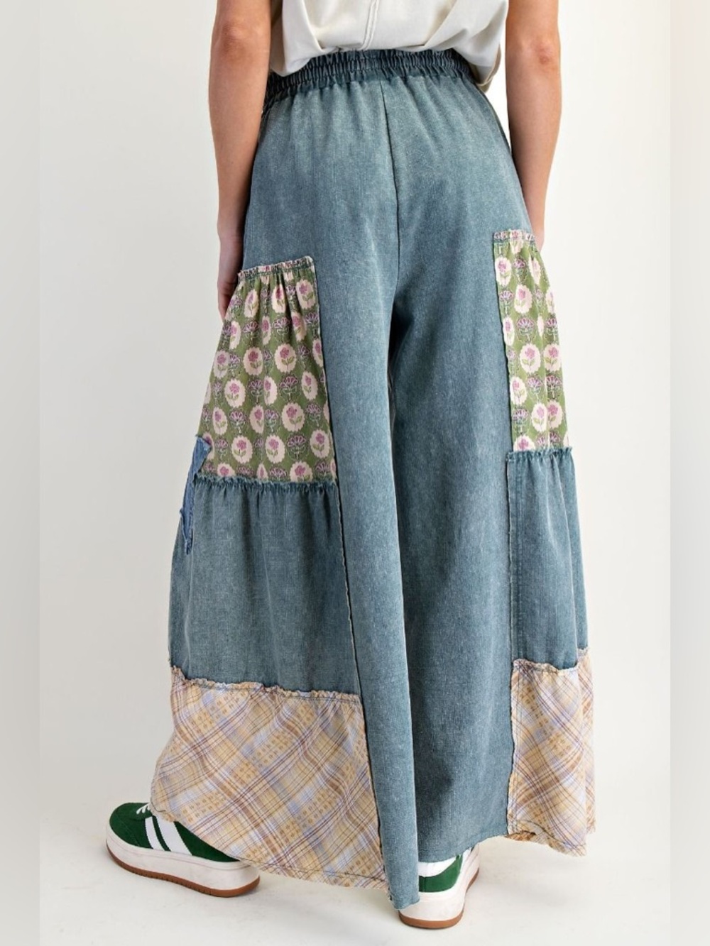 WASHED DENIM PATCHWORK PALAZZO PANTS - Picture 4 of 4